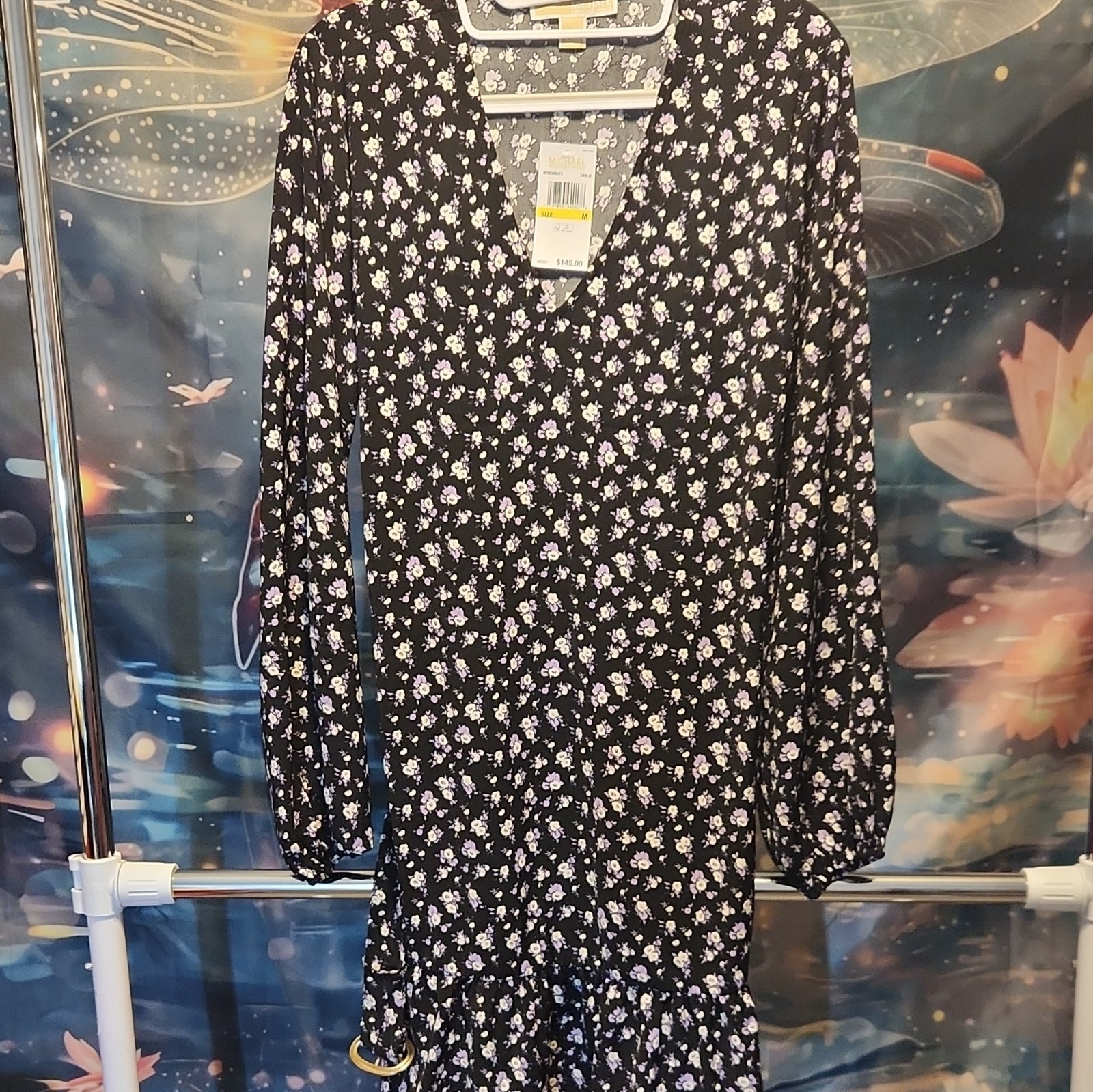 Michael Kors A-Line Dahlia Floral V-Neck Long Sleeve Short Belted Dress M