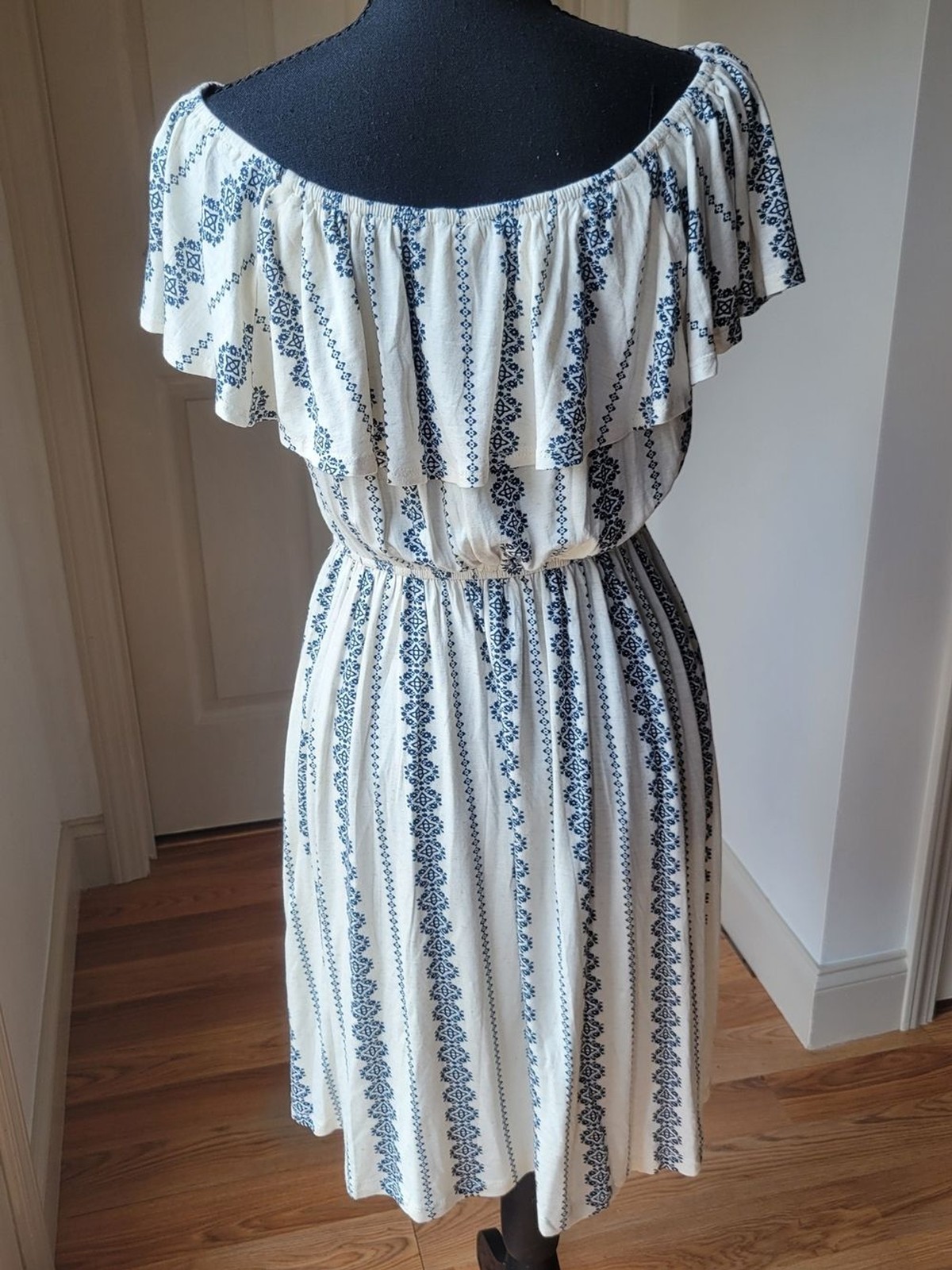 Hem & Thread Off the Shoulder Patterned Midi Dress Cream Blue Boho Size S