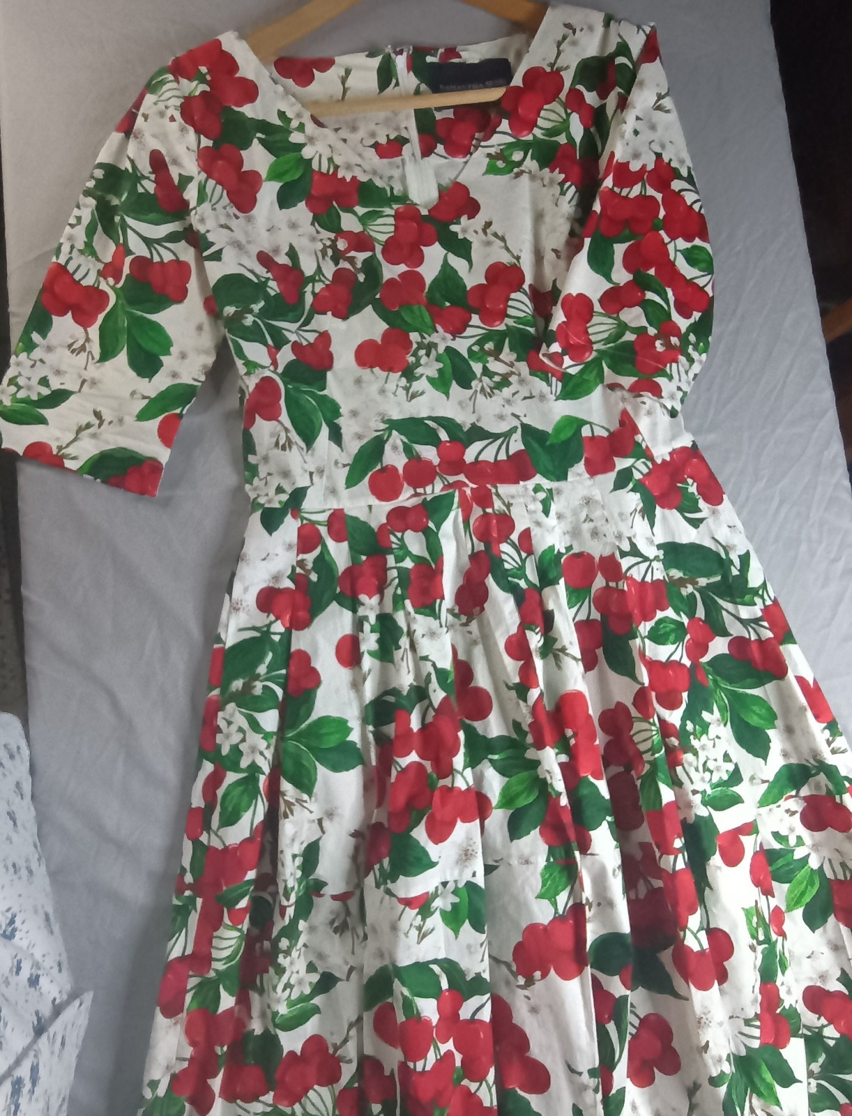 Samantha Sung Lana Midi Dress Cherry Print Red/ White 3/4 Sleeve Pleated Fit…