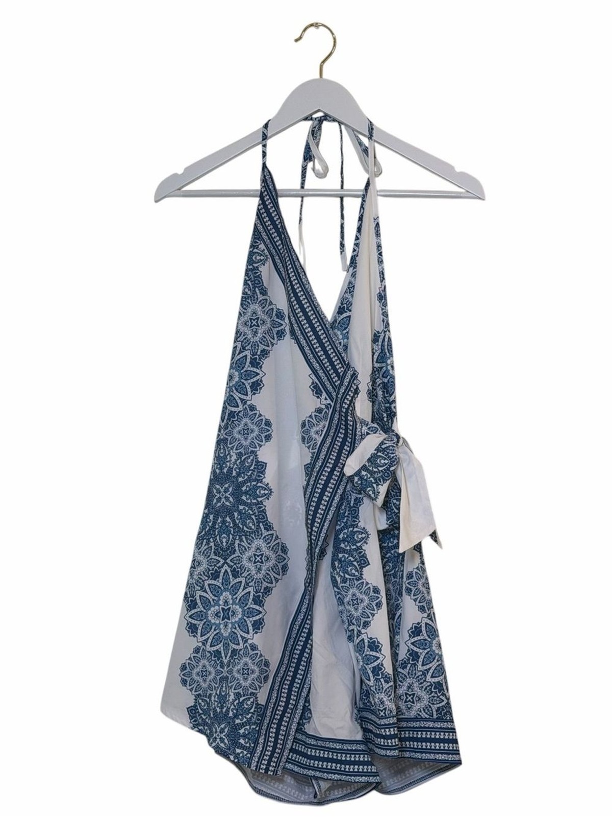 Source Unknown White & Blue Halter Wrap Mini Dress