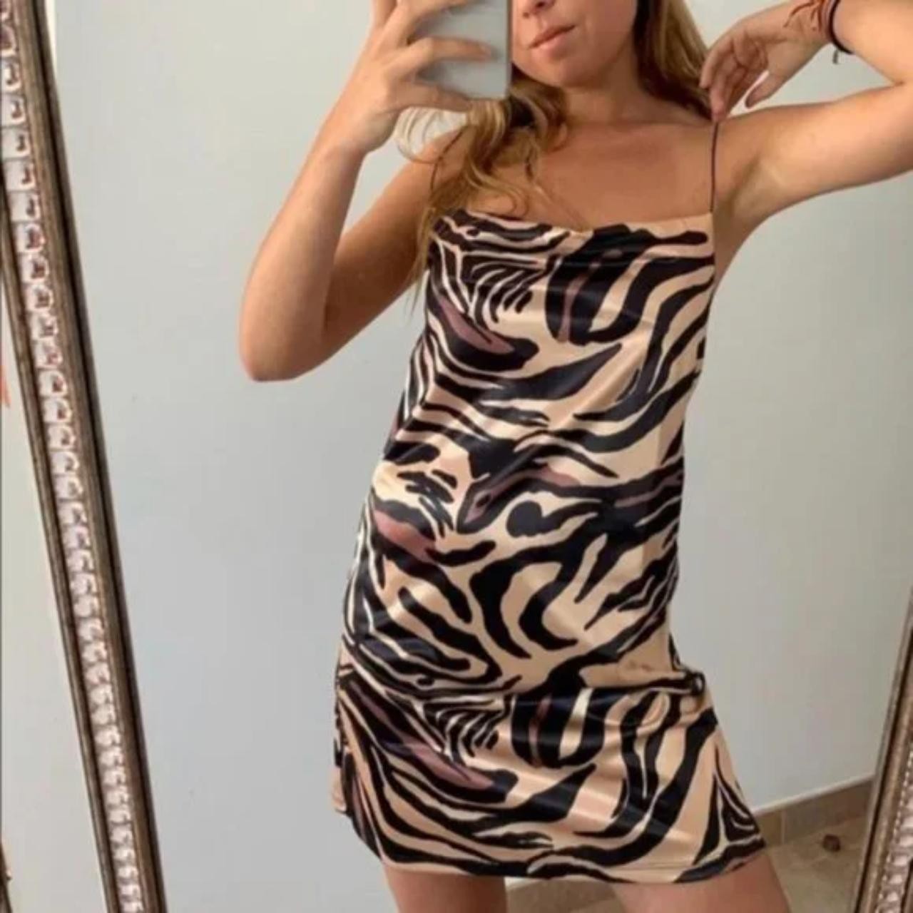 Zara Slip Mini Dress Women’s Size M Tiger Animal Print Cowl Neck Festival Boho
