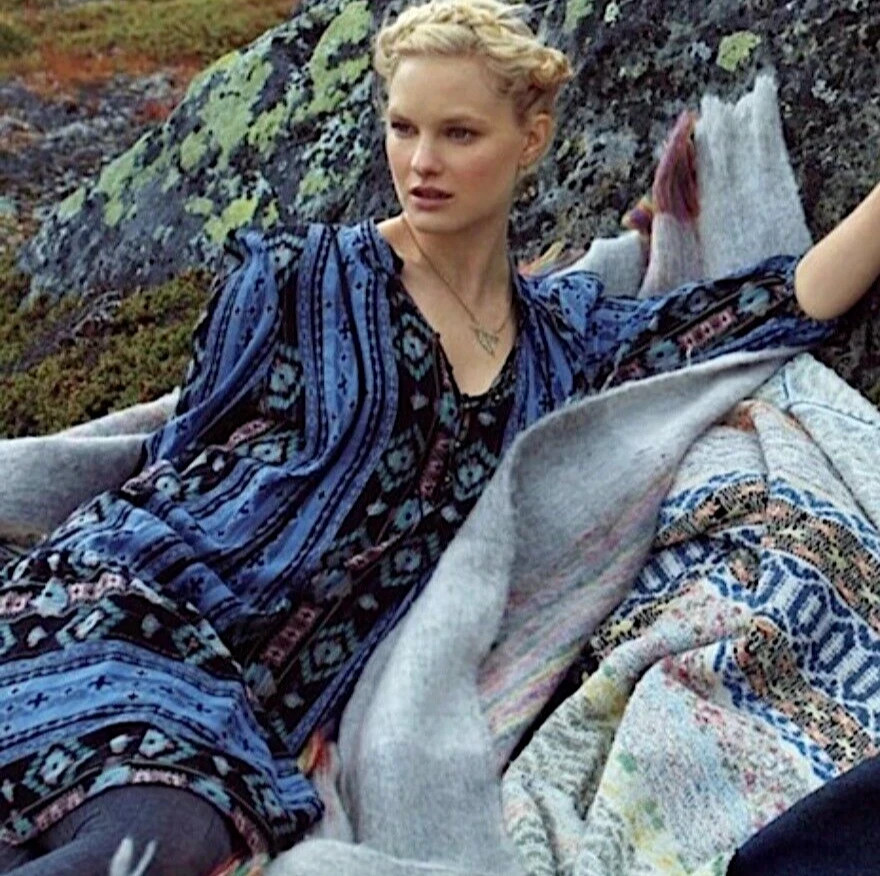 Spring ANTHROPOLOGIE Holding Horses Winter Moon Dress Womens IKAT Blue Boho S