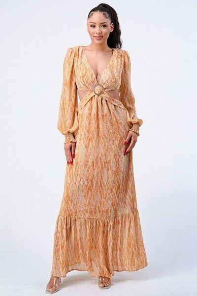 Printed V Neck Self Belted Side Cut Out Ruffled Maxi Dress Yellow Orange