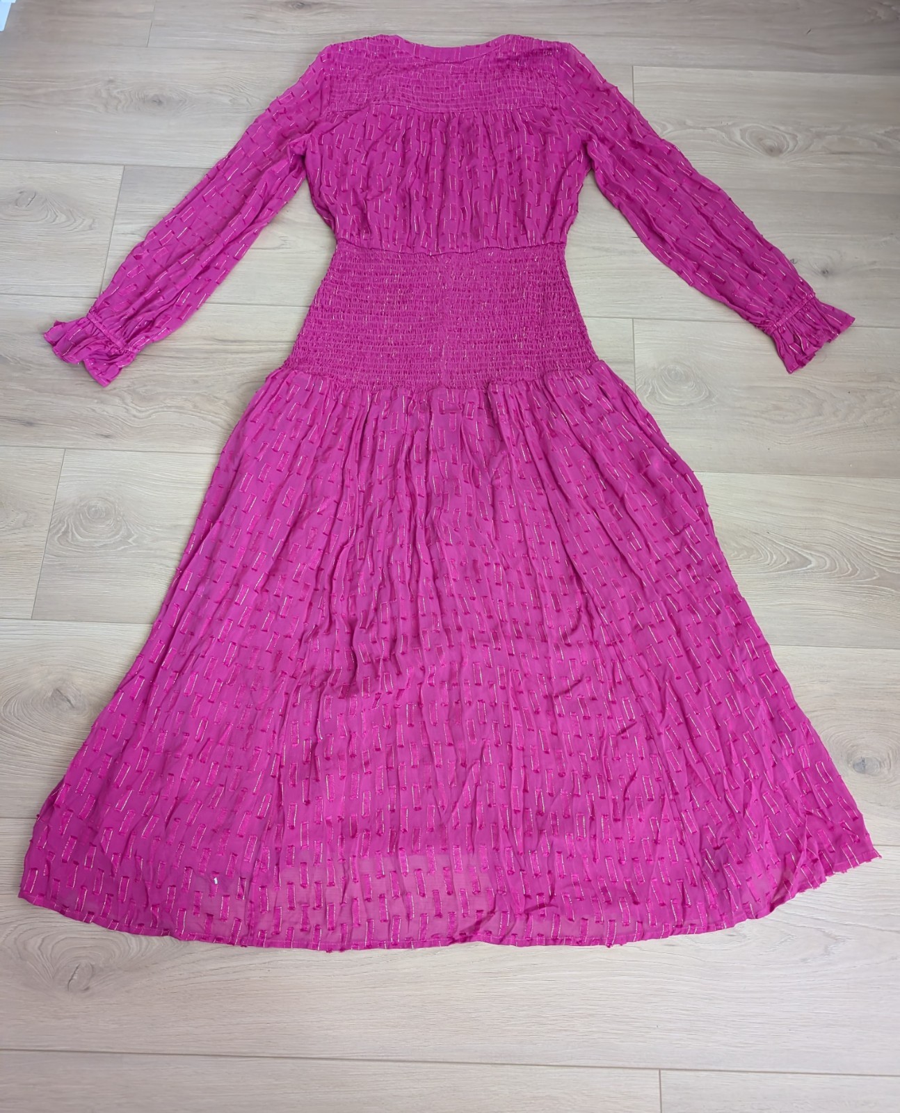 Anthropologie Smocked Long Sleeved Ruched Maxi Dress in Fuchsia Pink Size XS