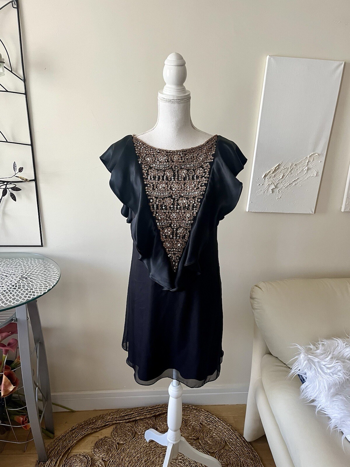 Alice + Olivia Vintage Black Silk Beaded Ruffle Mini Cocktail Dress sz Small EUC