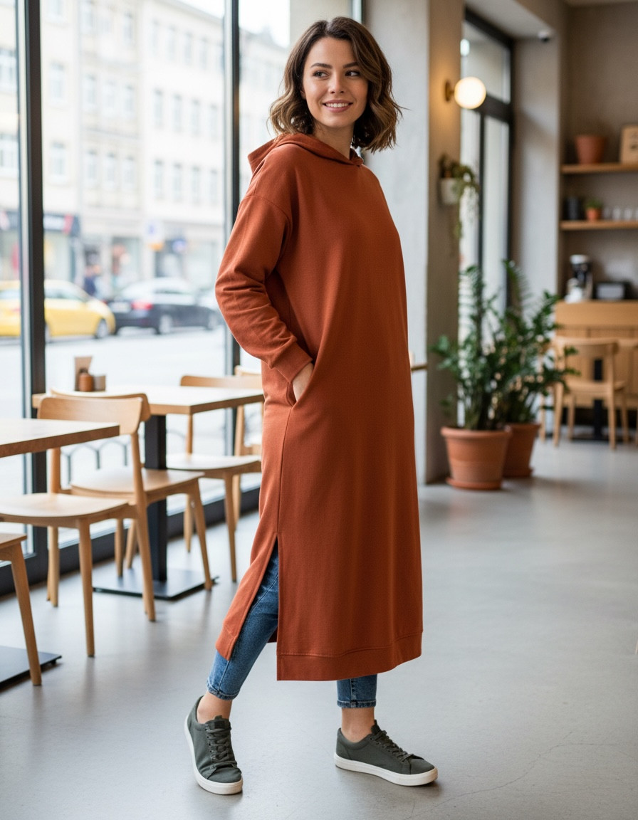 1-Piece Lightweight Comfort Long Hooded Tunic Dress for Everyday Wear! US 12–14