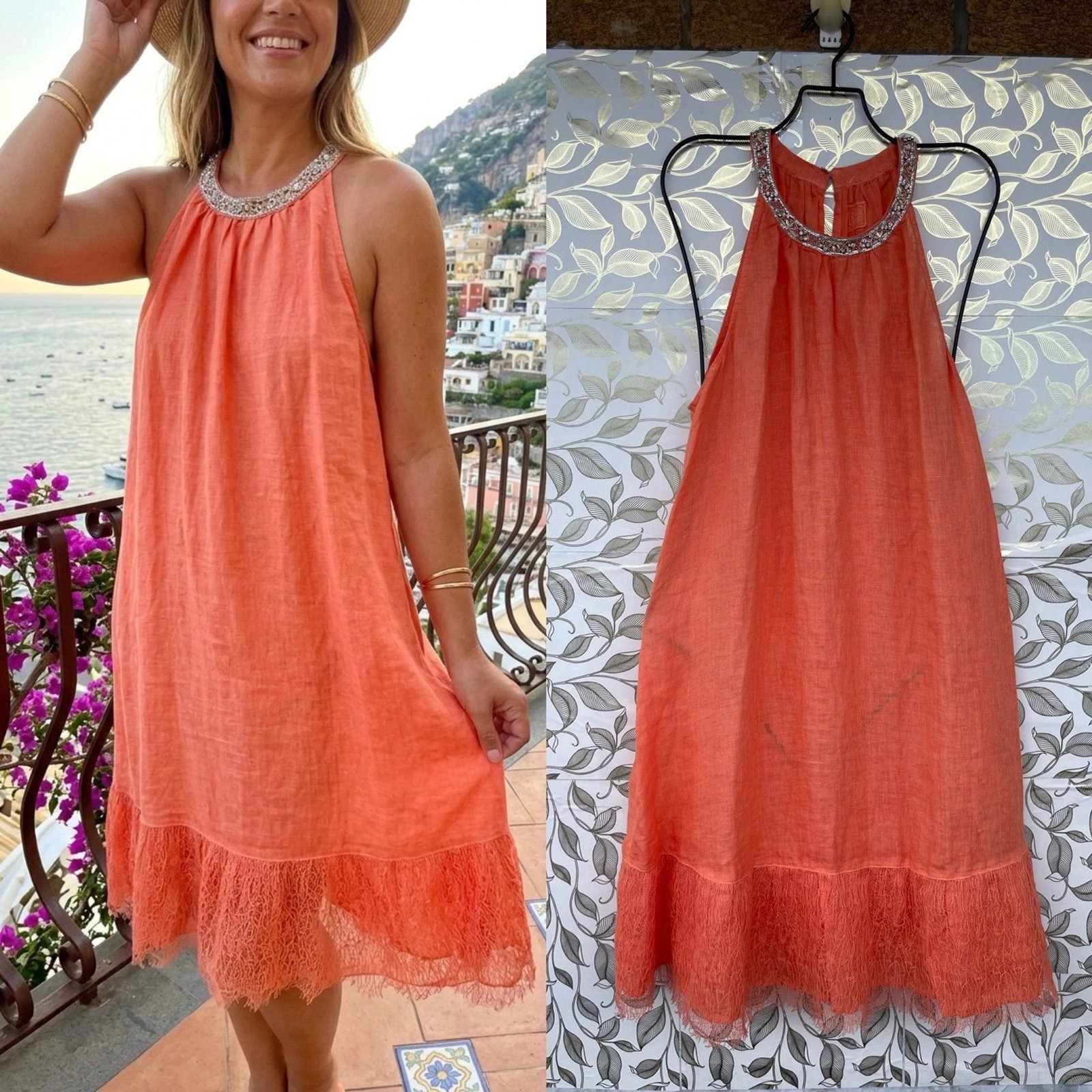 120% Lino Orange Halter Linen Shift Dress Embellished Neck Fringe IT 48 /12