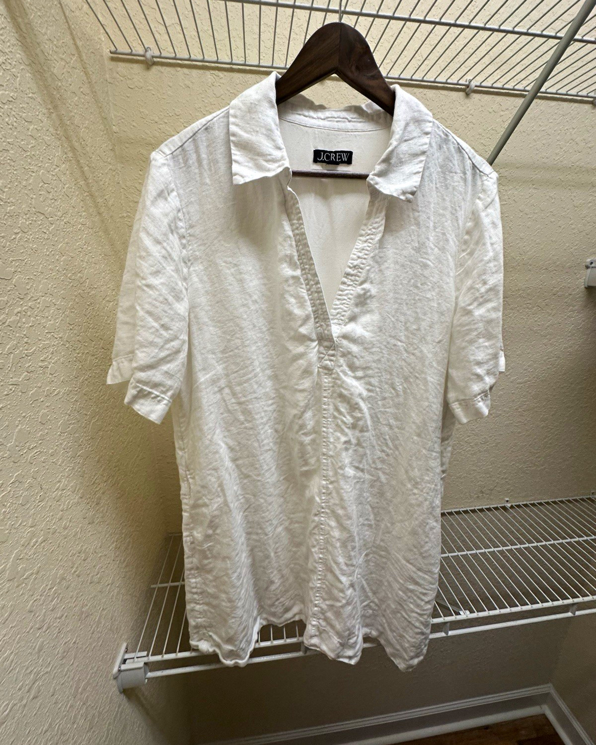 J.Crew Women’s L White Solid Linen Short Sleeve Point Collar Dress