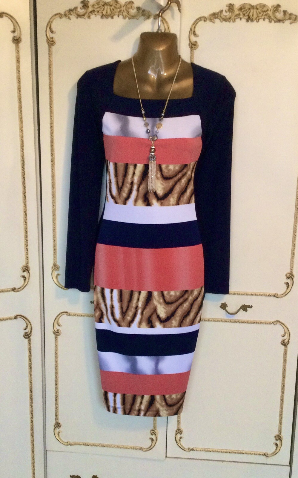PICADILLY UK 10 / 12 Designer Navy / Coral / Multi Print Dress NWT RRP £159