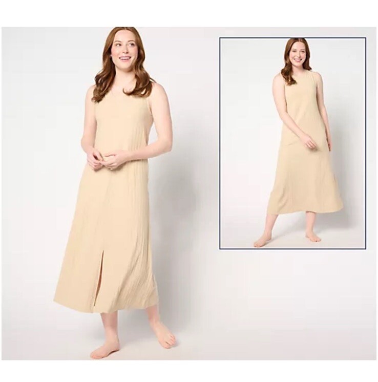 Cuddl Duds Wide Rib 2 Way Round To V-neck Tank Maxi Dress Size XS Deep Beige