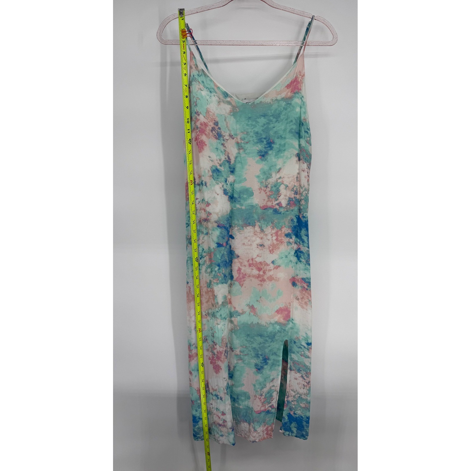 Gilli Womens Watercolor Abstract Midi Slip Dress Teal Pink Blue V-Neck Sz M