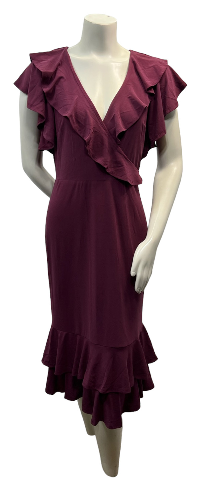 NY Collection Midi Dress Womens Size Medium Petite PM Burgundy Ruffle New