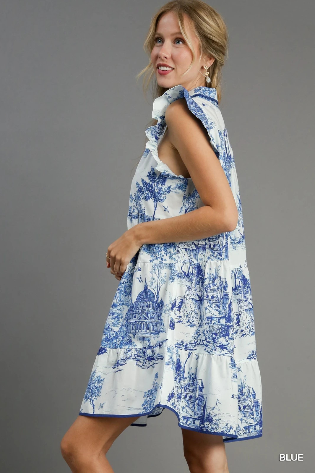 Blue Umgee Two Tone Landscape Print Mini Dress w/Ruffle Sleeves Contrast Piping