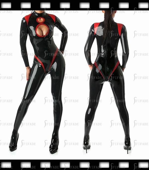 Latex Catsuit Red Trims Sexy Neck 2 Hollow Design Rear Zipper Customize .4mm K73