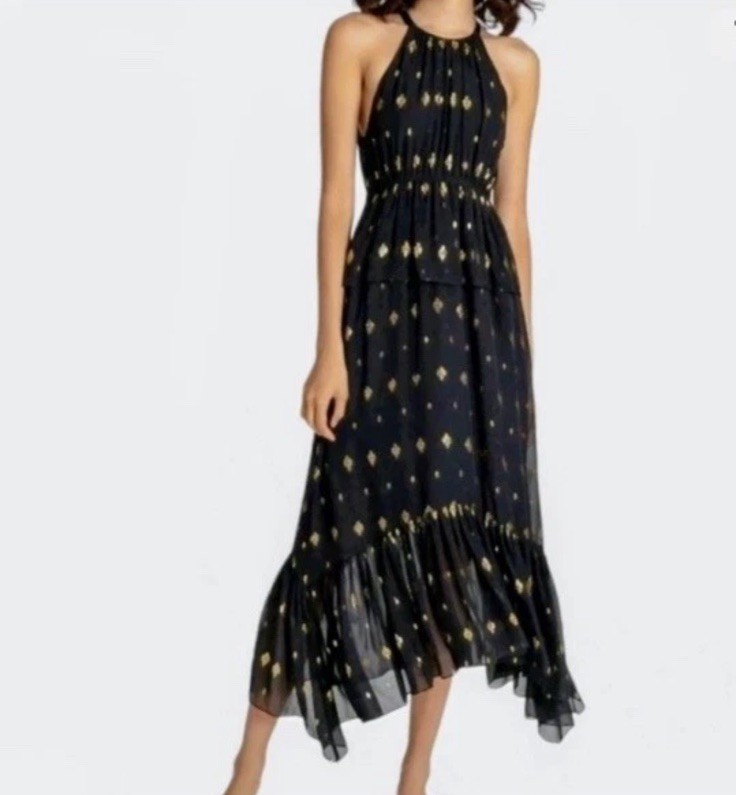 A.L.C. Rosa Dress Midi Black Gold Metallic High Low Sleeveless Keyhole Size 2
