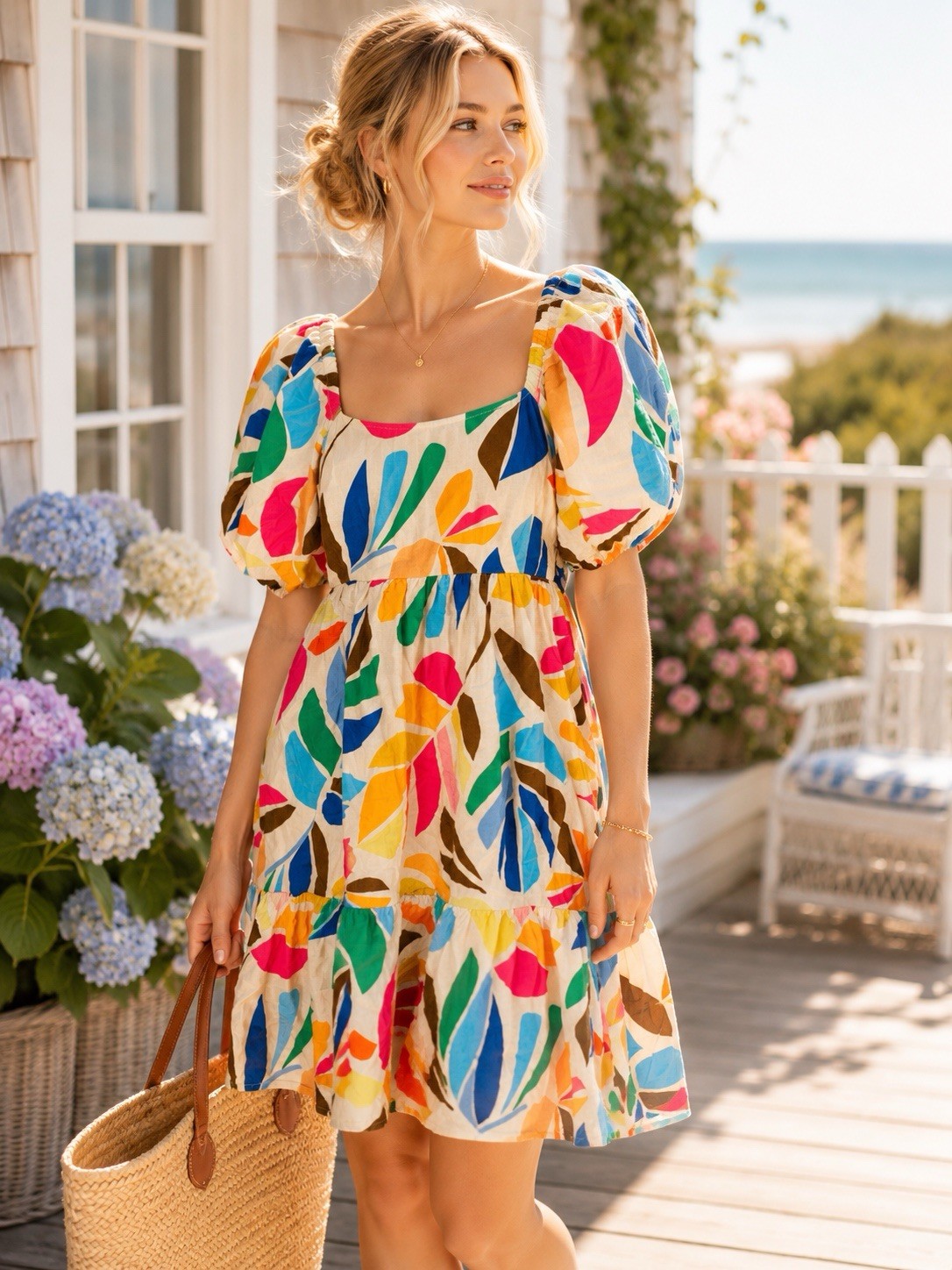 Tabitha Brown for Target Multi-Color Tropical Leaf Puff Sleeve Midi Dress M NEW