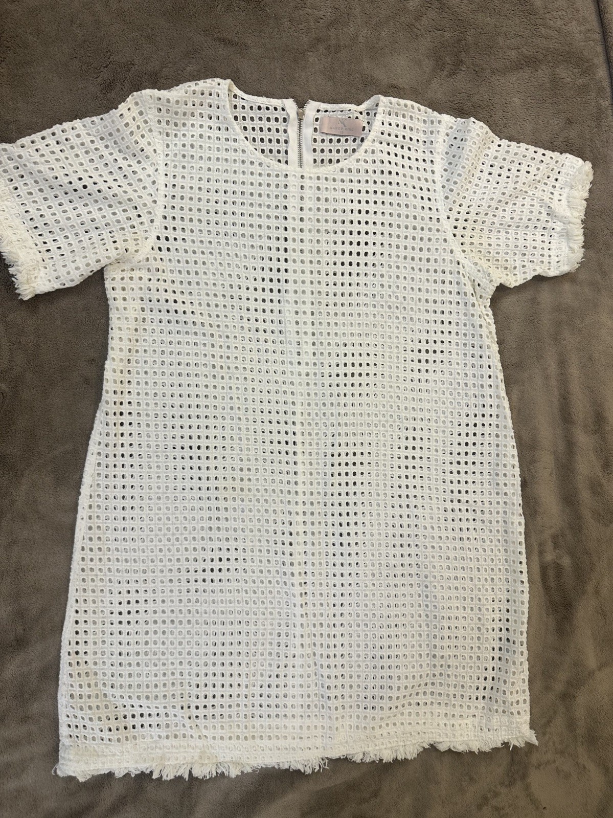Nancy King White Broderie Eyelet Shift Dress Size 12 Cotton Fringe Hem Summer