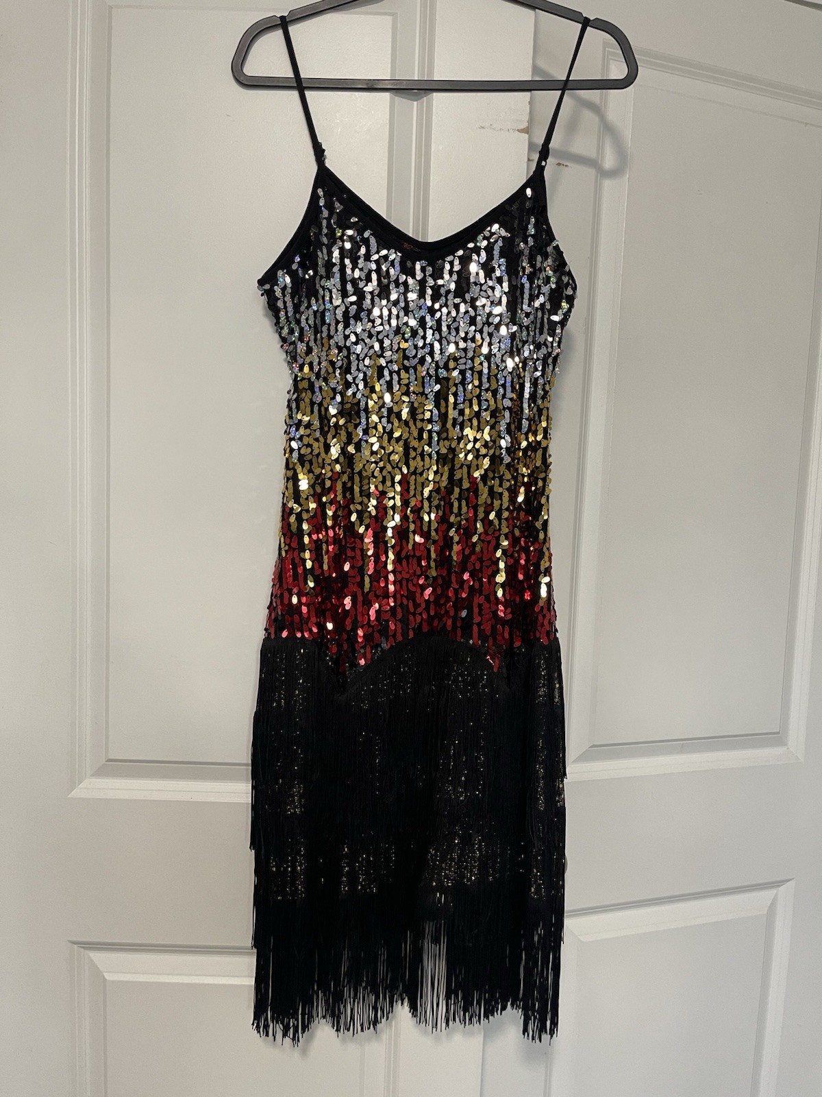 Sequin Fringe Colorblock Mini Dress Black Silver Gold Red Sleeveless V-Neck