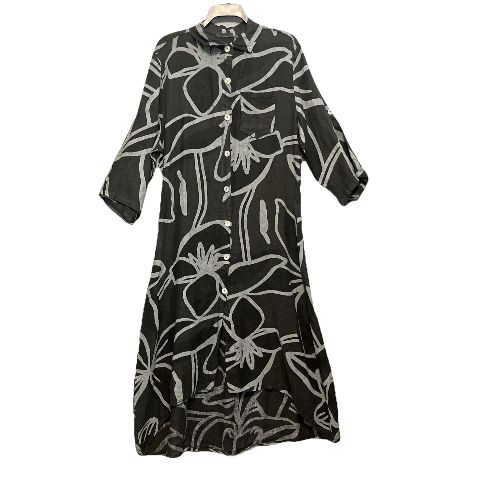 Meo Meli Abstract Floral Linen Midi Maxi Shirt Dress Womens M L Button Front