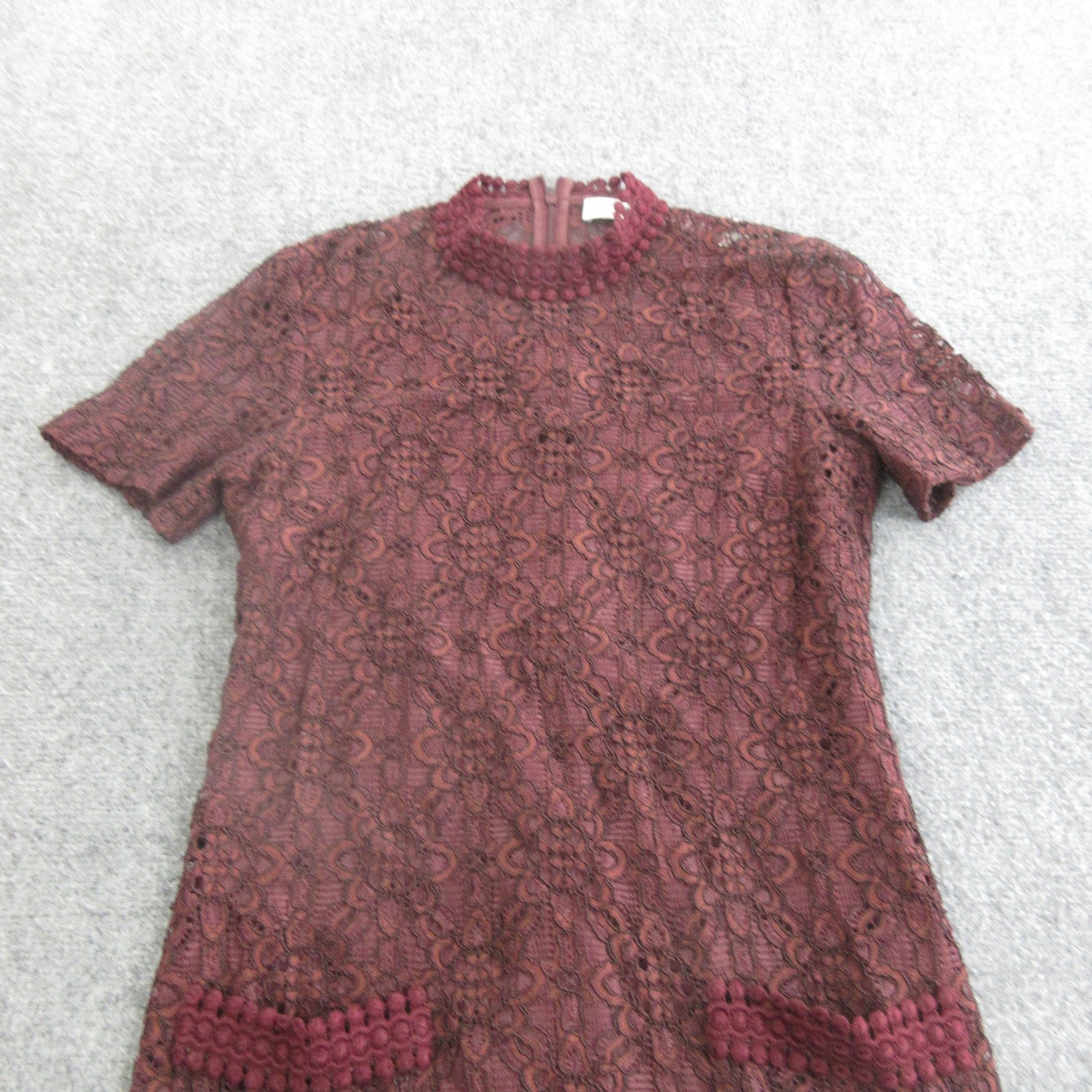 Sandro Dress Womens 36 Red Lace Shift Short Mock Neck Pleated Hem Party