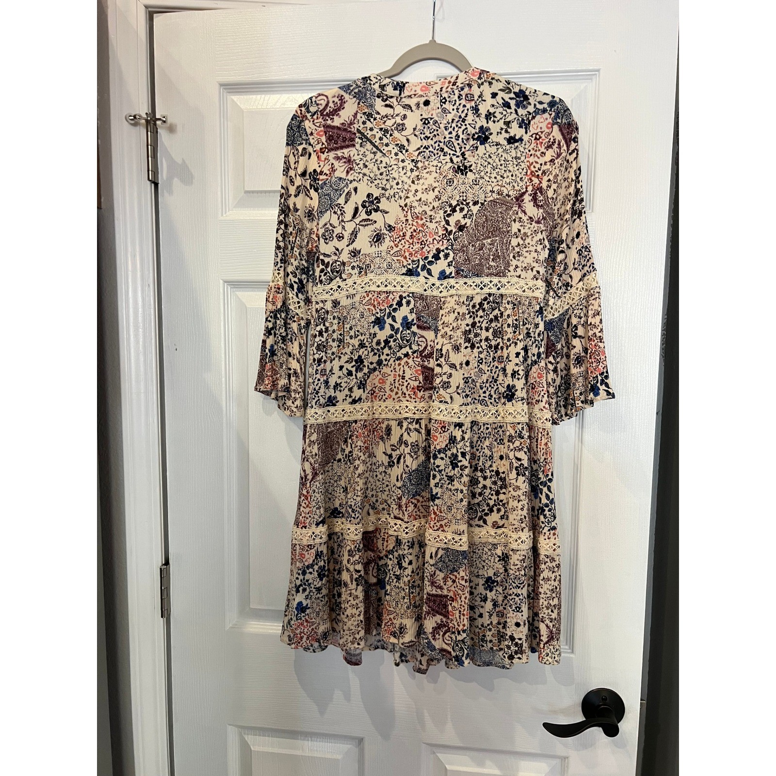 Knox Rose Mini Dress Rayon Crinkle Floral Paisley Patchwork Boho Bell Sleeve XS