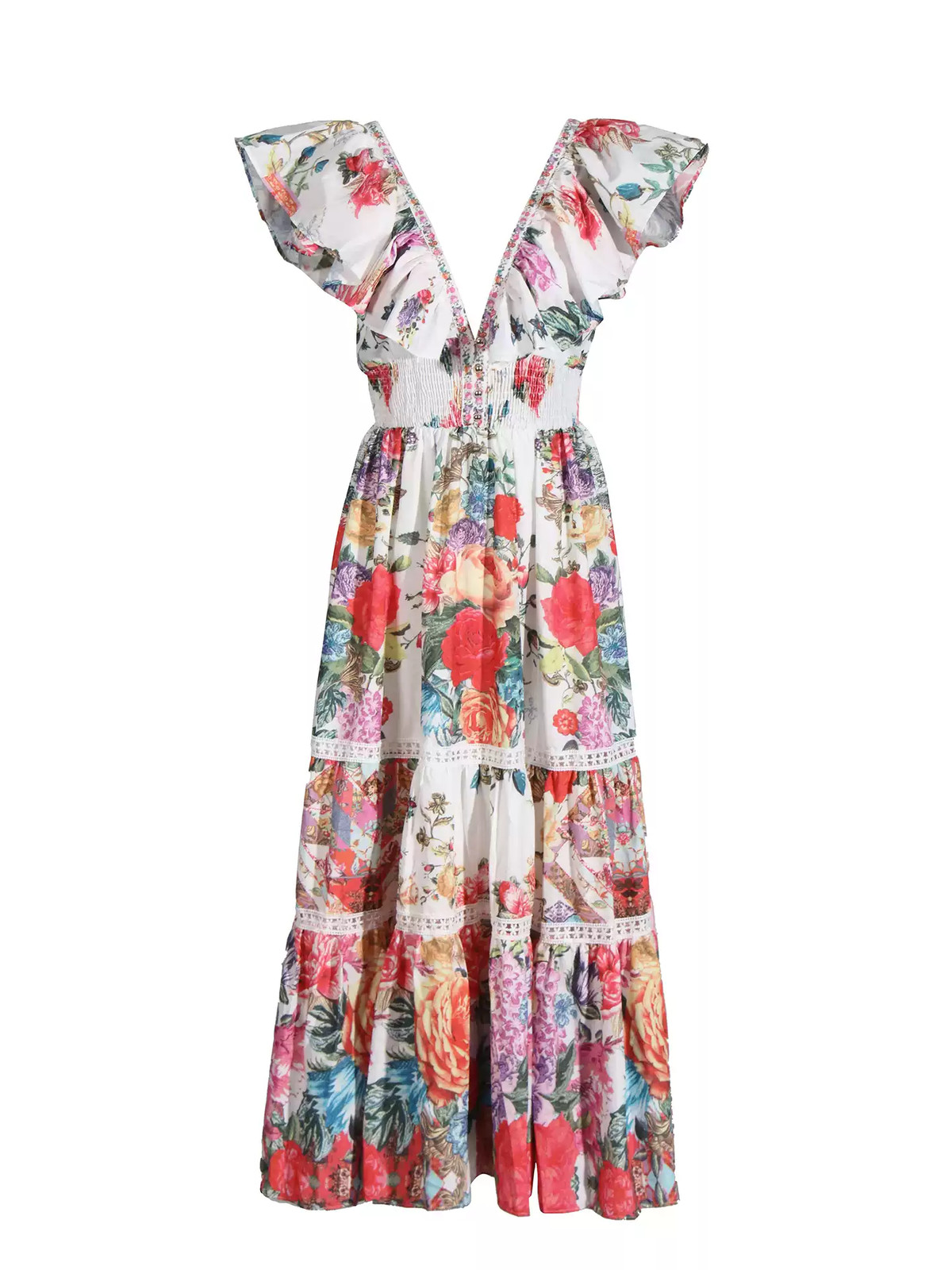Camilla Silk V Neck Floral A Line Maxi Dress