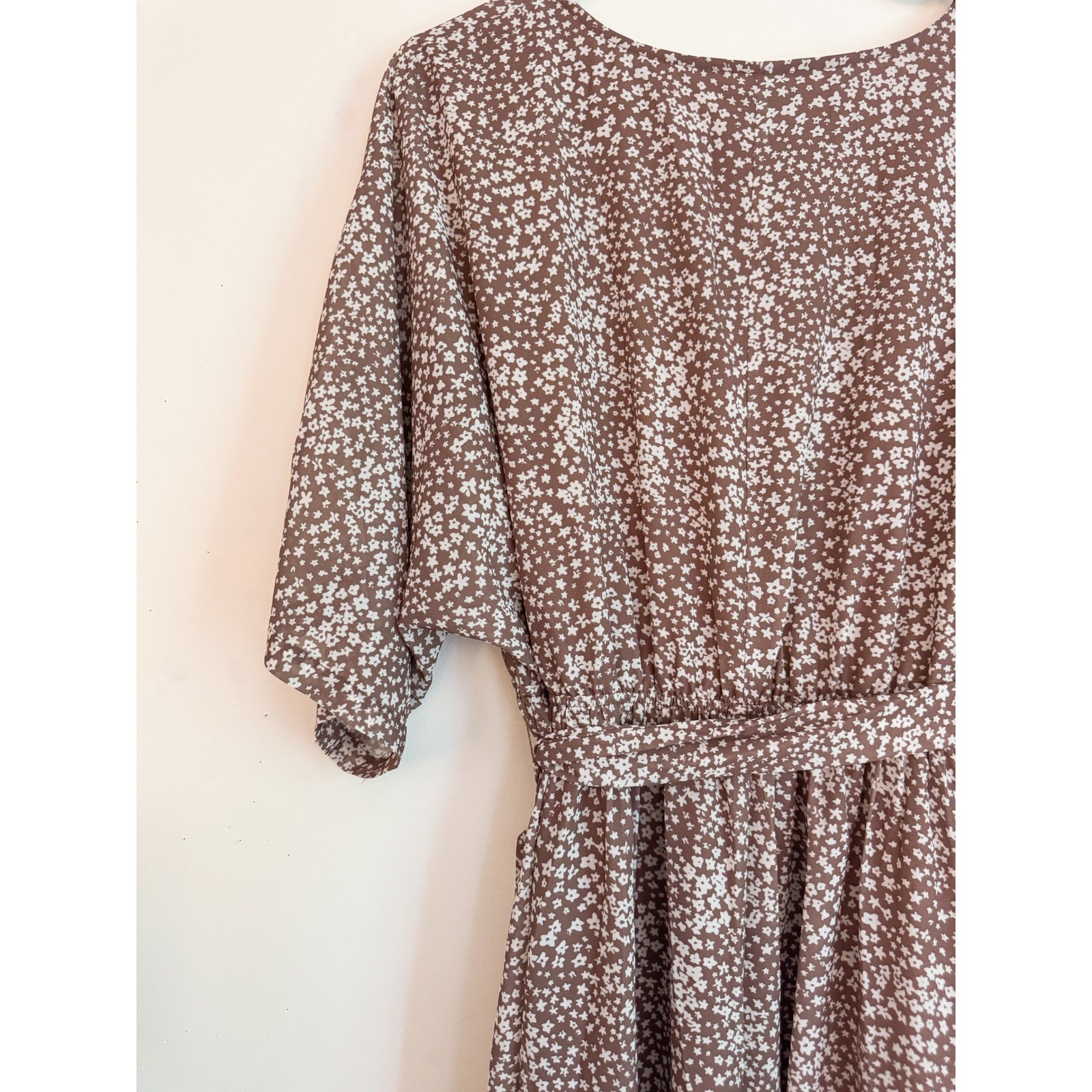 Boho Ditsy Floral Maxi Dress Brown White Wrap V-Neck Short Sleeve XL Side Slit