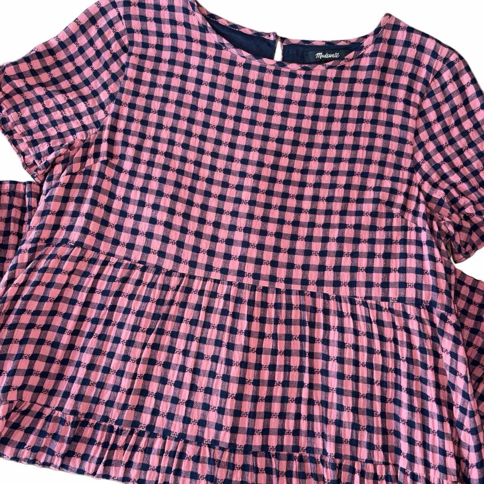 Madewell Short-Sleeve Tiered Mini Dress in Gingham Check Size Small Plaid Flowy