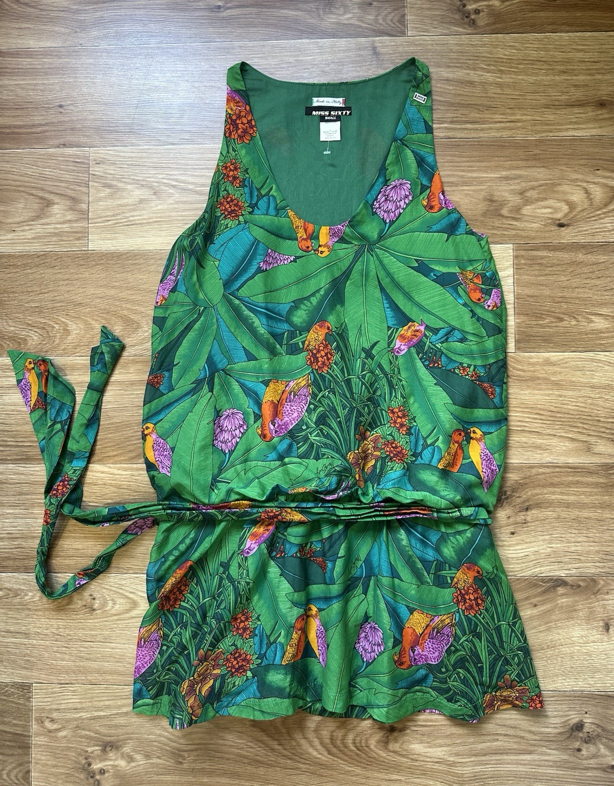 MISS SIXTY Vintage Green Silk Dress Tropical Jungle Bird Italian Designer Sz S