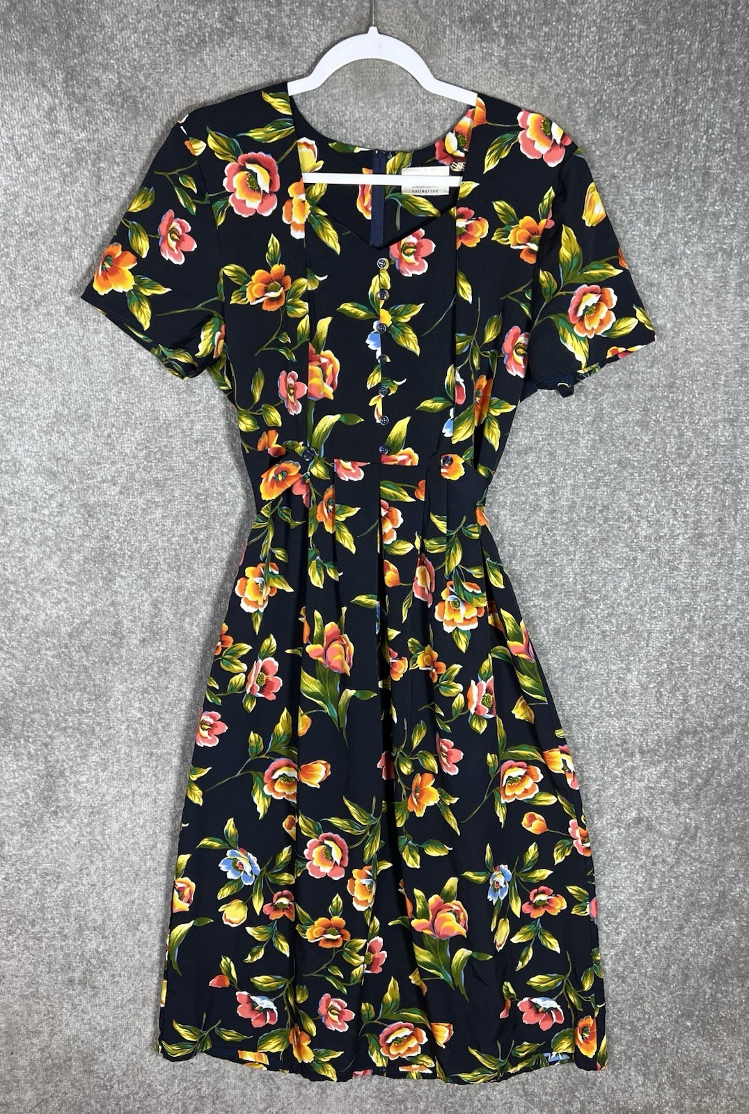 Kathie Lee Floral Midi Dress Womens Size 14 Sweetheart Pleated Short Sleeve VTG