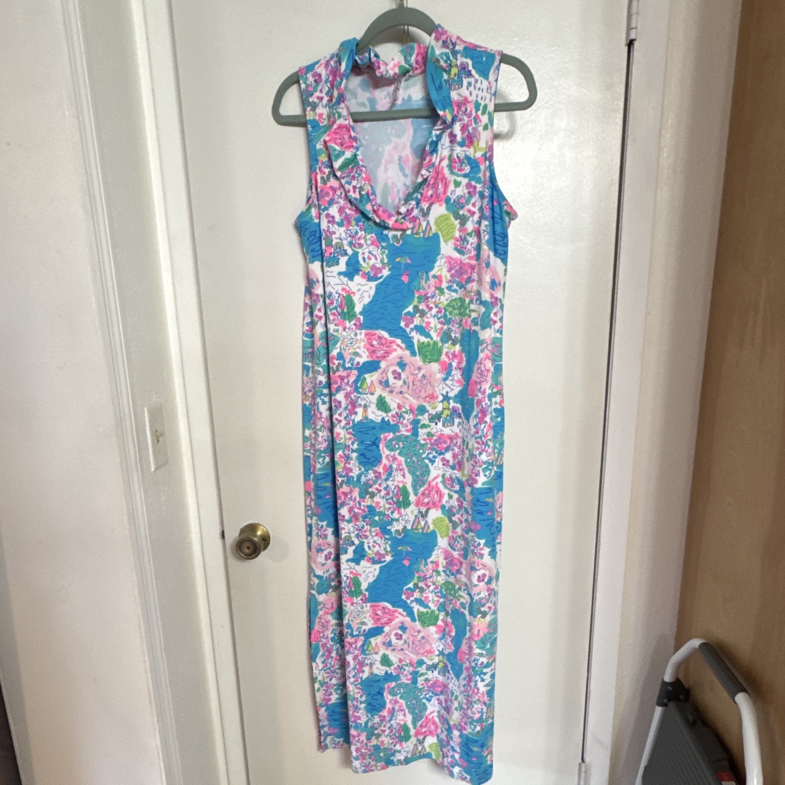 Lulu B Blue Pink Green Floral Maxi Dress M Sleeveless V-Neck Long