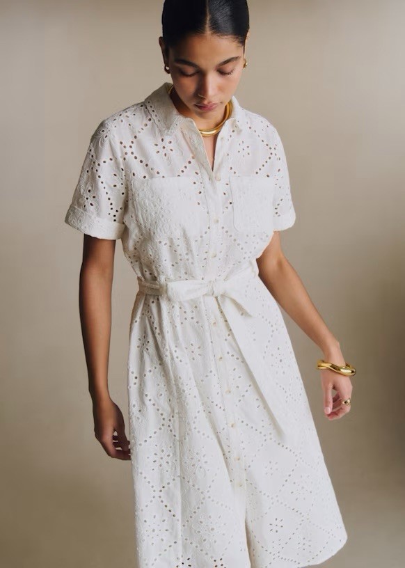 Sezane Adele Short Sleeve Embroidered Midi Dress Eyelet Collar Ecru FR 36 US 4