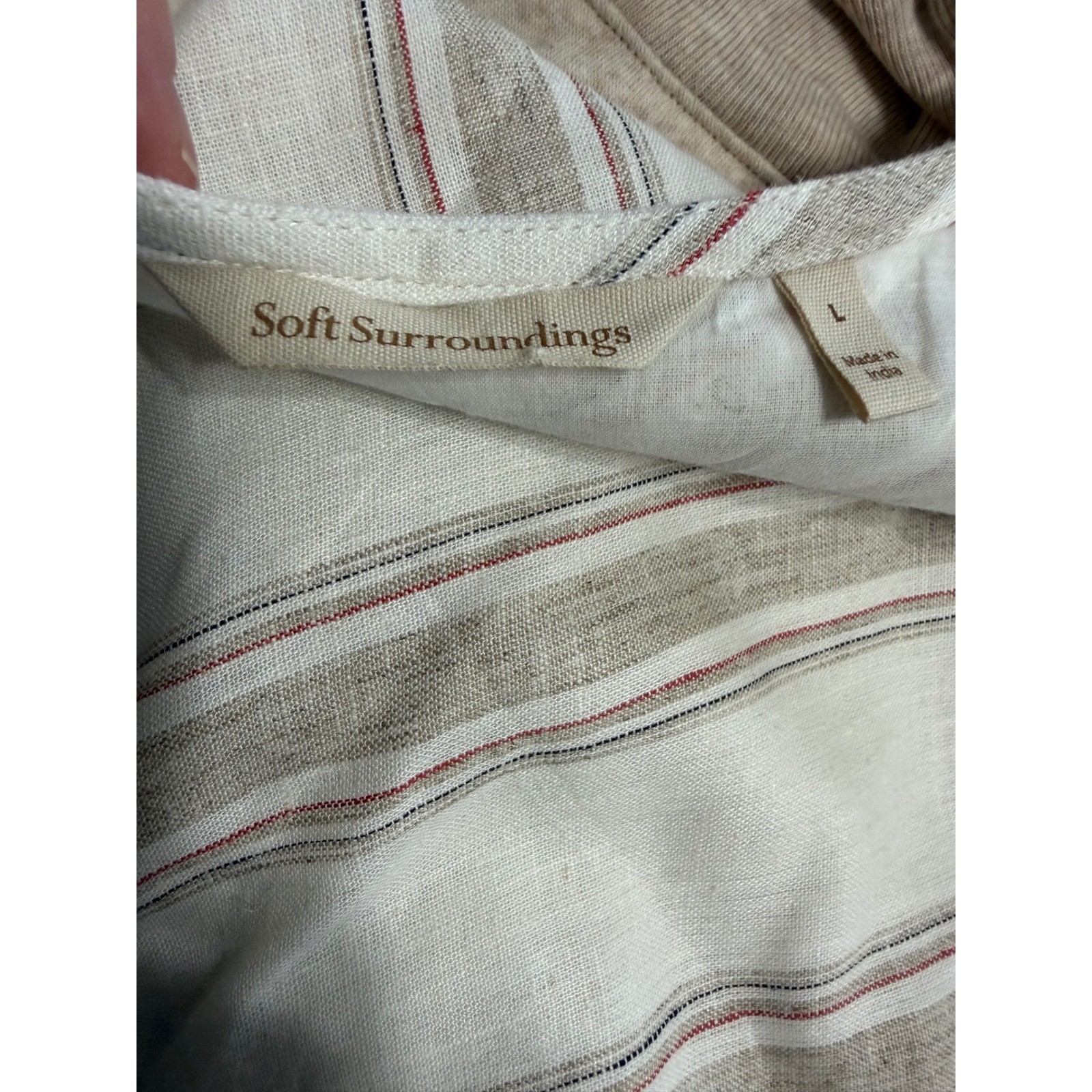 Soft Surroundings Linen Blend Striped Shift Dress White Tan 2EY09 Womens Large