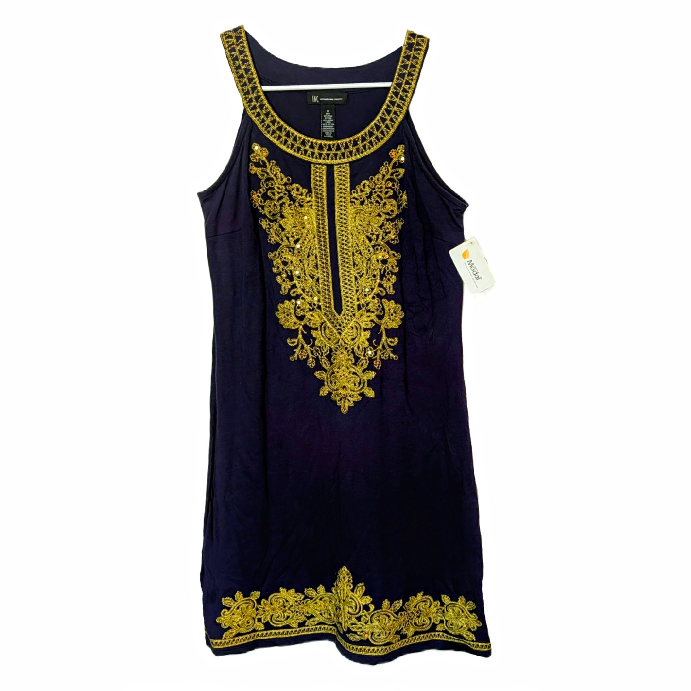 I.N.C. International Concepts Shift Dress Scoop Neck Sleeveless Knee Navy Gold M