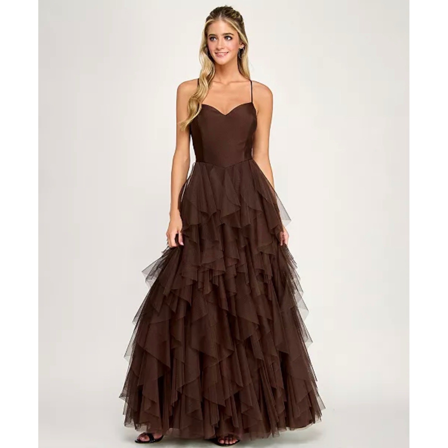 City Studio Brown Tulle Ruffled Tiered Dress Sweetheart Open Back Gown 15 16