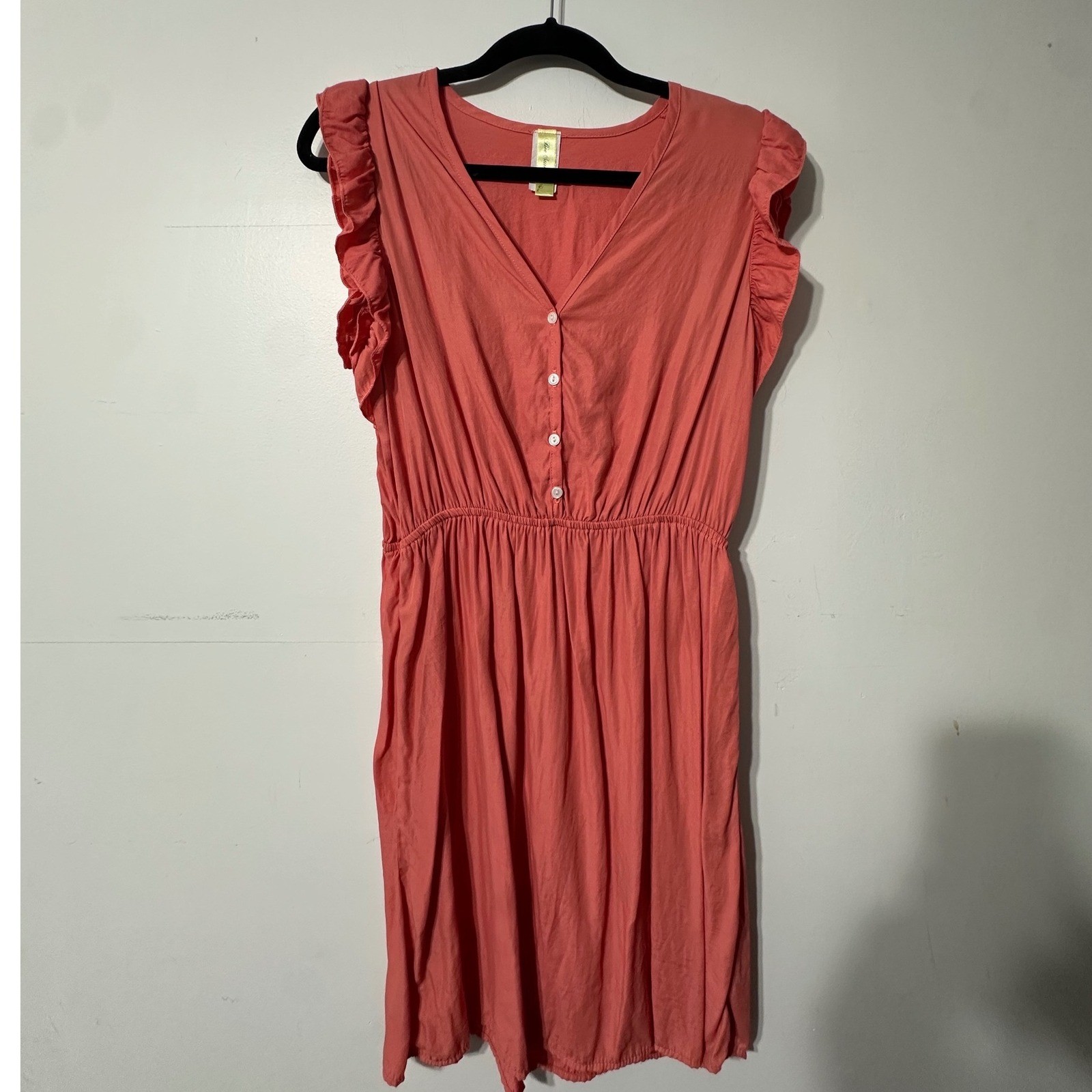 Bee Stitched Fit & Flare Dress Women Large Coral Ruffle Sleeve V-Neck
