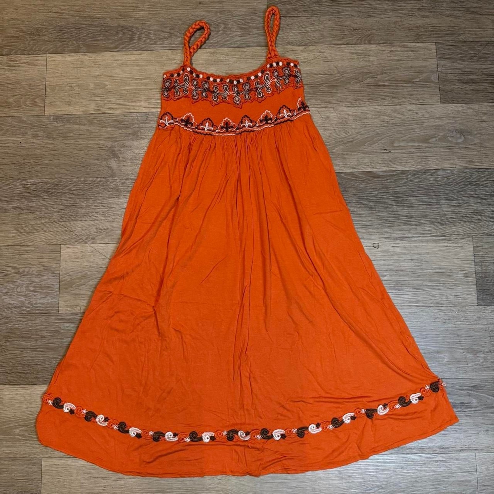 Orange Embellished Maxi Dress Braided Straps Beaded Embroidered Boho Summer