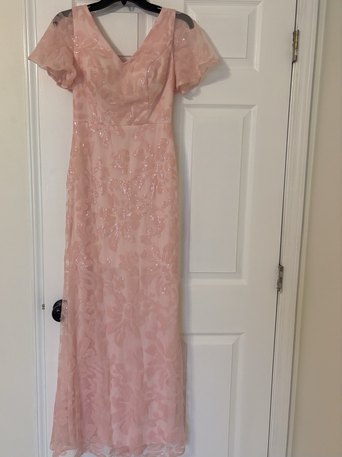 Pink Sequin Gown Flutter Sleeve V Neck Prom Wedding Evening Formal Dress Size 4