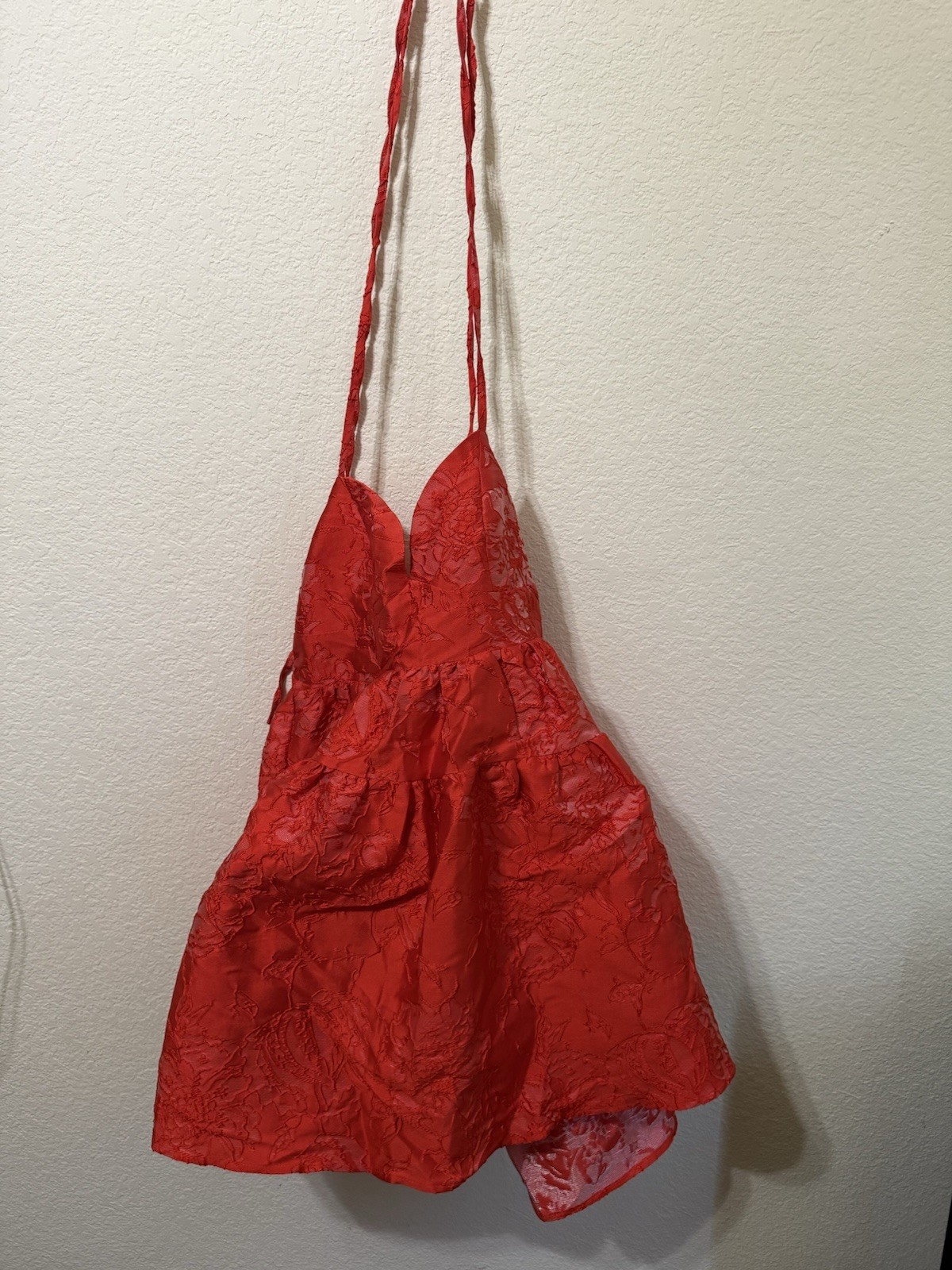 Red Lace Babydoll Dress S V-Neck Sleeveless Floral Adjustable Straps