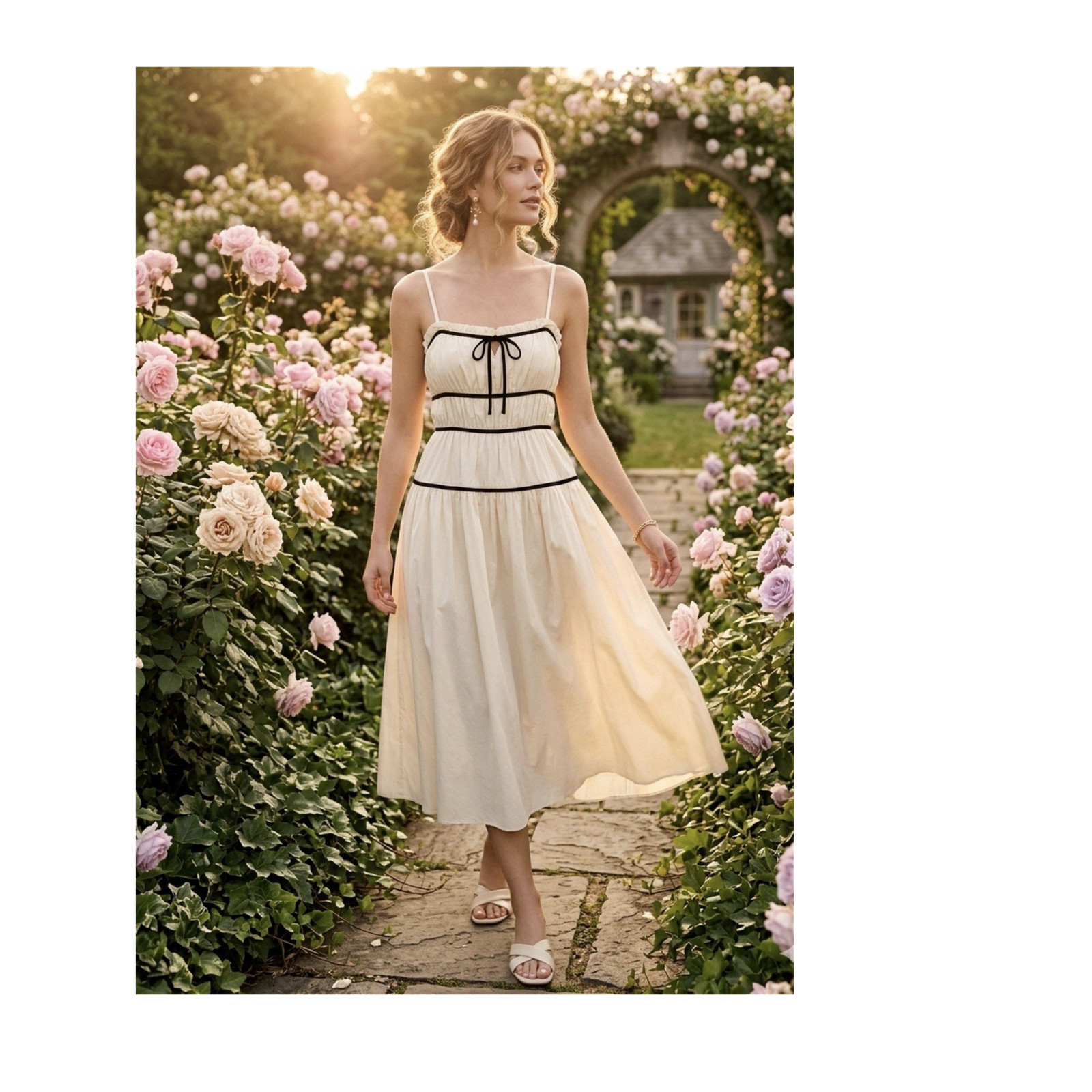 STORIA Women’s Cream/Black Solid Square Neck A-Line Midi Dress Sleeveless S