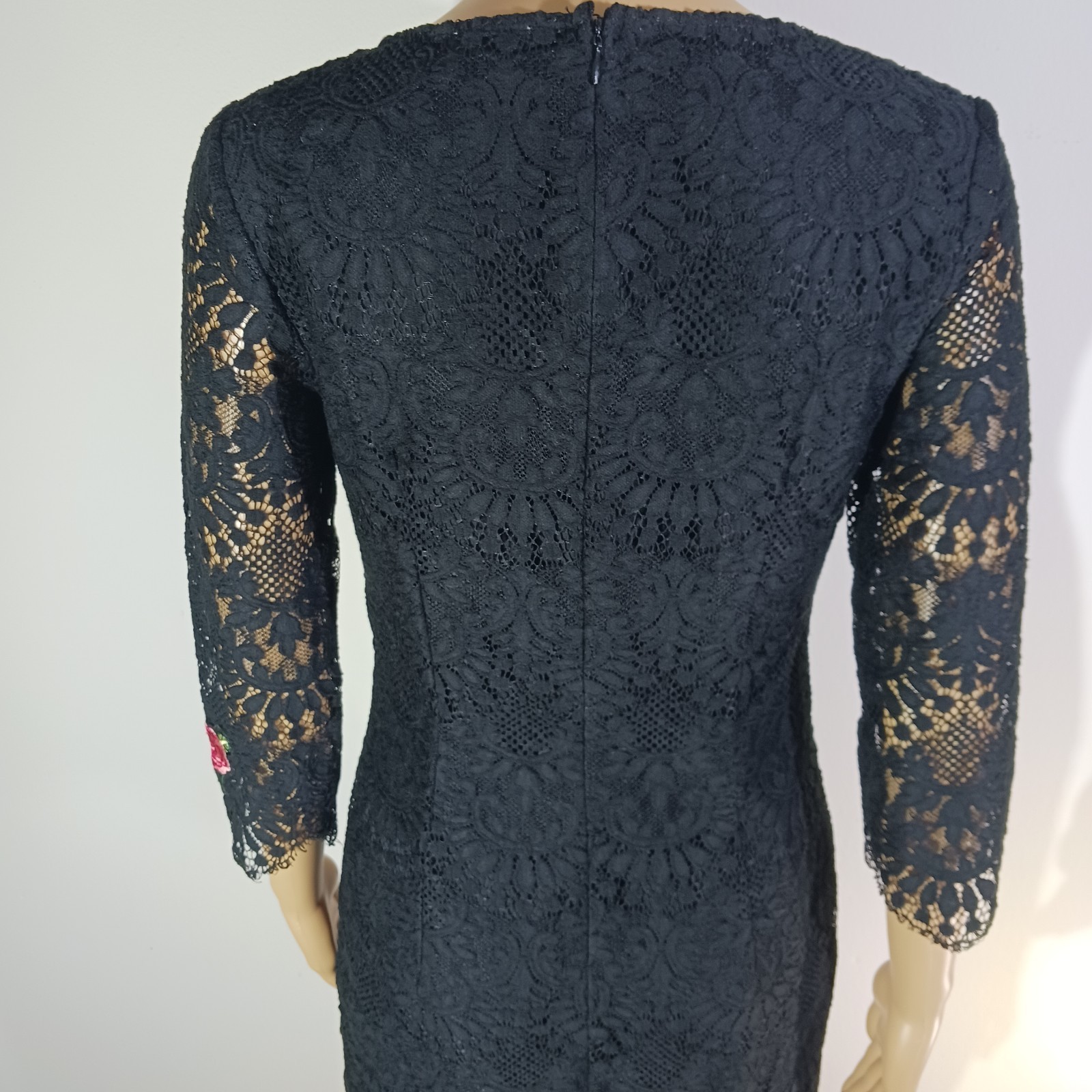 AMT Black Lace Butterfly Embroidered Shift Dress Women’s Size S 3/4 Sleeve Boho