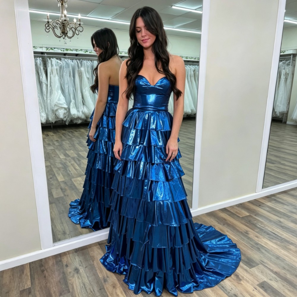 Prom Queen Dress Ruffle Metallic Corset Long Pageant Evening Cocktail Party Gown