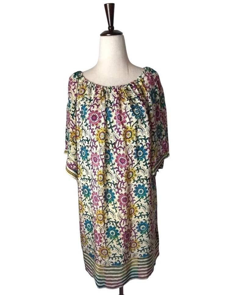 Tolani Dress Women Medium Ivory Silky Floral Off The Shoulder Mini Bohemian Boho