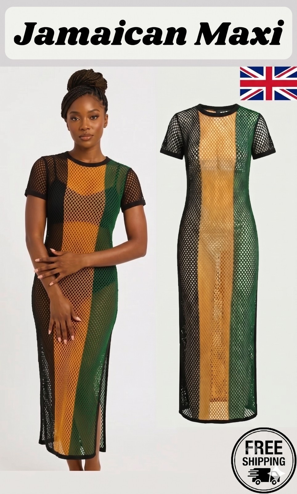 Jamaican Rasta Maxi Reggae Dress Mesh Fishnet Beach Cover Up Holiday Wear UK