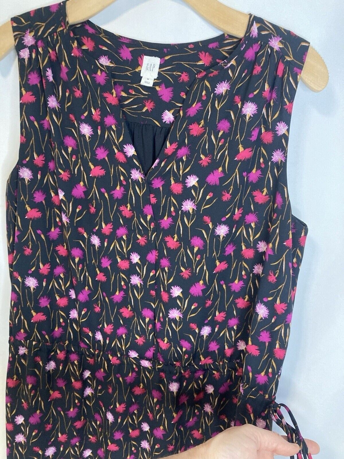 GAP Mini Dress M Drawstring Waist Black Pink Ditsy Floral Fairy Sleeveless Boho