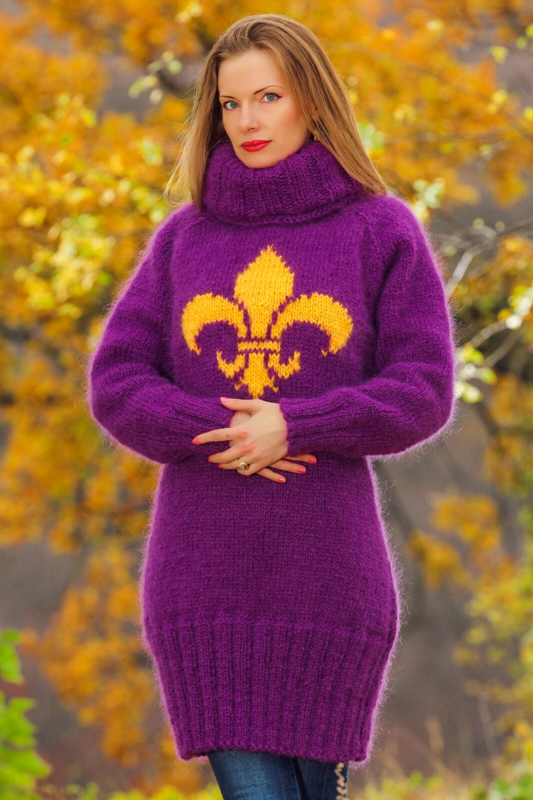 Luxurious purple mohair dress with flower pattern SuperTanya handmade knitwear-L