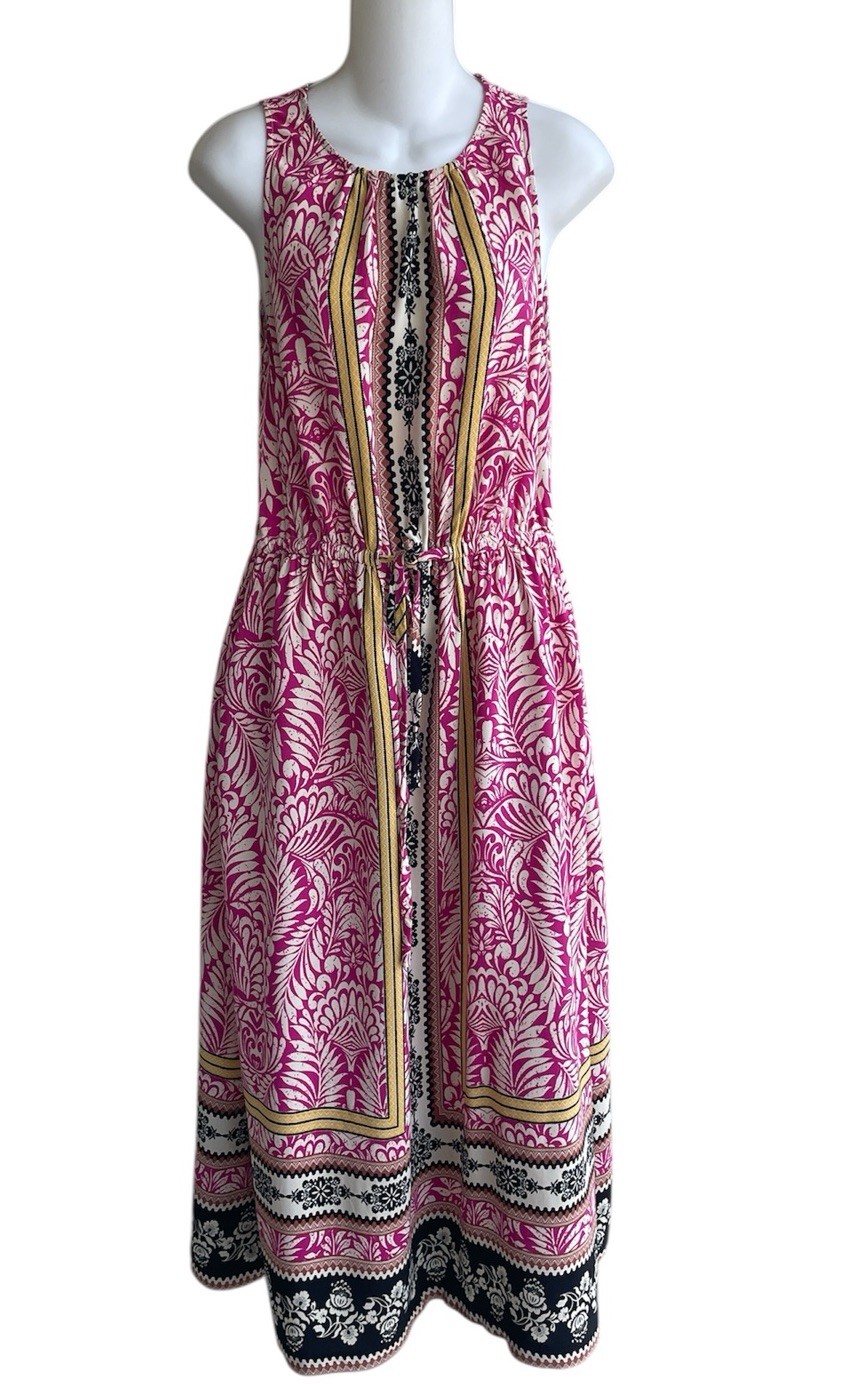 Loft Pink Multi Sleeveless Maxi Dress Elastic Waist Drawstring Cut Out Back Med