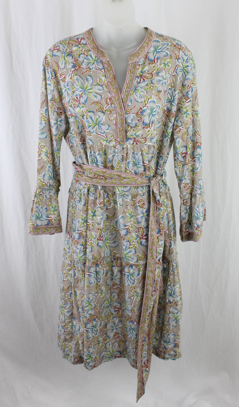 Lola Australia Women’s Beige Blue Multi Floral Print Cotton Belted Midi Dress L