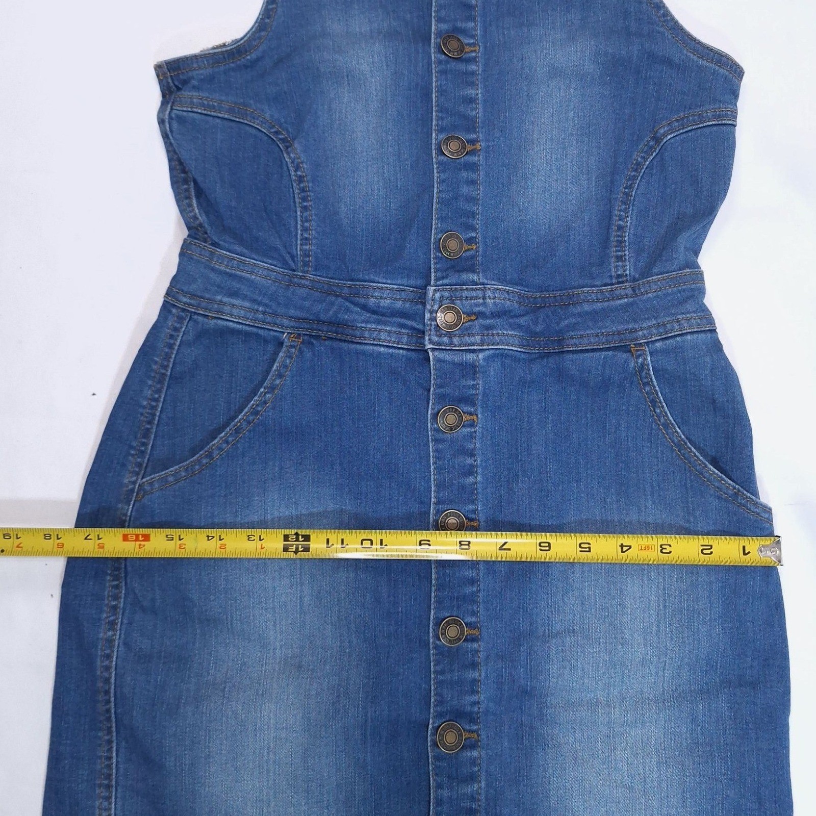 Wax Jean Button Front Denim Overall Mini Dress M Wash Blue Pinafore Raw Hem Y2K