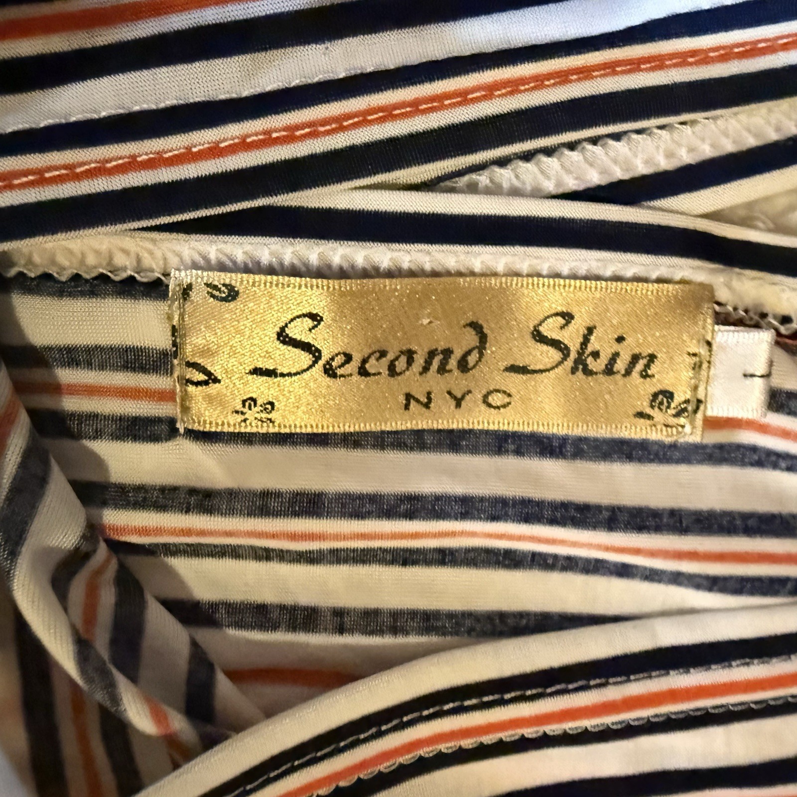 Second Skin NYC Striped V-Neck Midi Dress – Orange, Navy, White Size Large